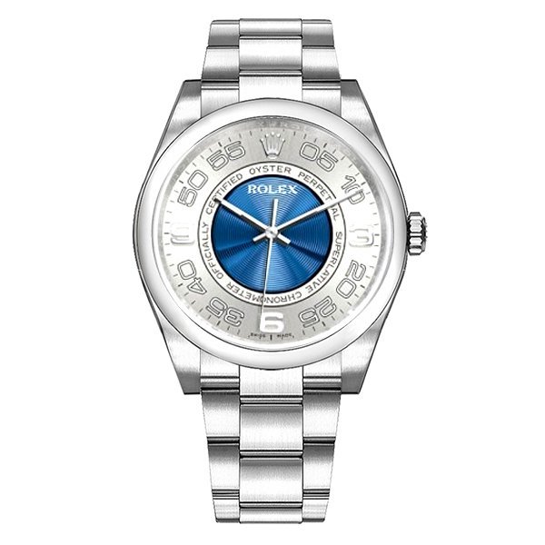 Rolex Oyster Perpetual silver and blue dial arabic 116000